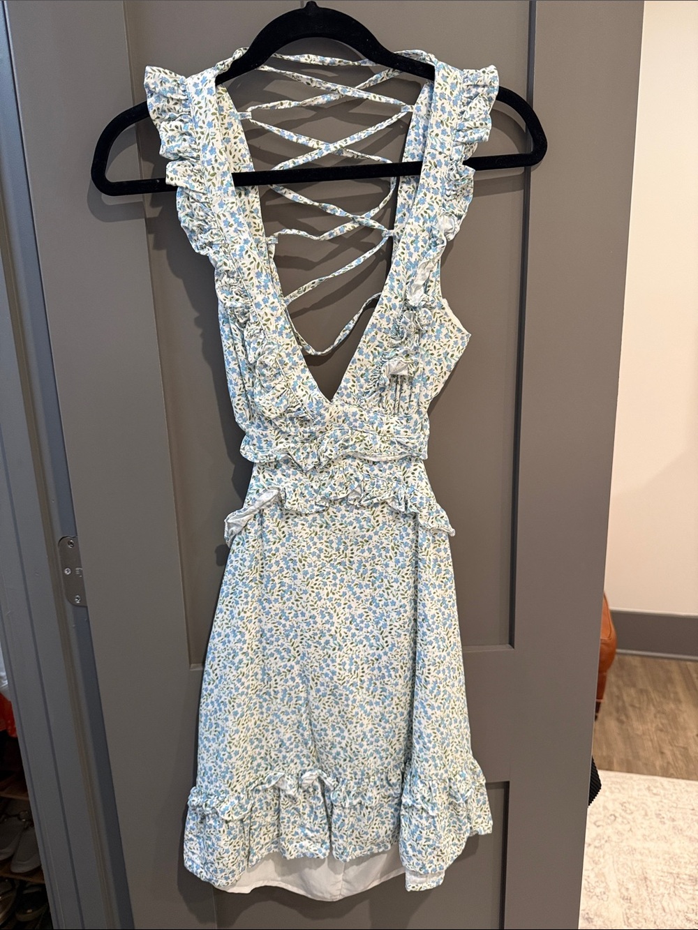 fab'rik Light Blue Floral Lace-Up Ruffle Mini Dress